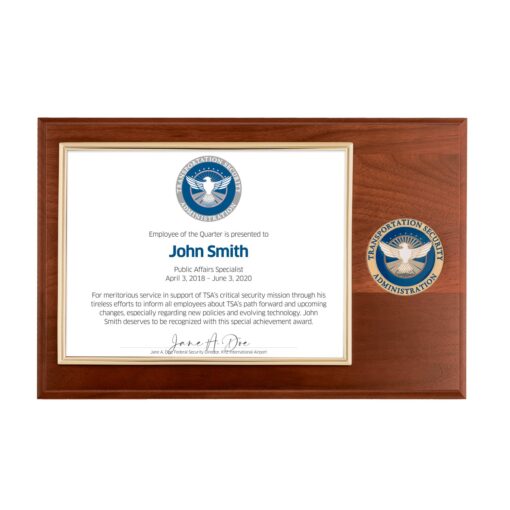 TSA certificate plaque with medallion