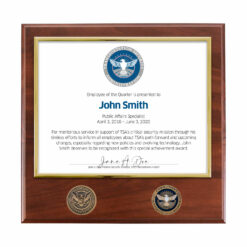 TSA certificate plaque 2 coins
